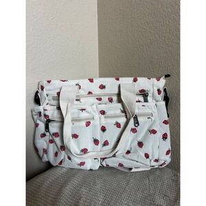 Strawberry Print Corduroy Messenger Bag White Multi-Pocket Shoulder Tote